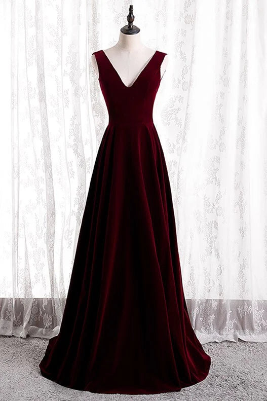 Formal Wear Dresses Simple V Neck Sleeveless Burgundy Velvet Long Party Dress Prom Dress Stores With Prom Dresses 